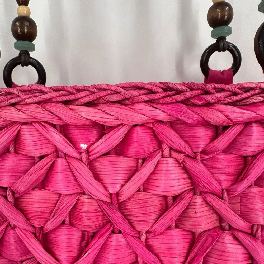 NWT Barney’s NY Pink Straw‎ Beaded Handle Tote Bag